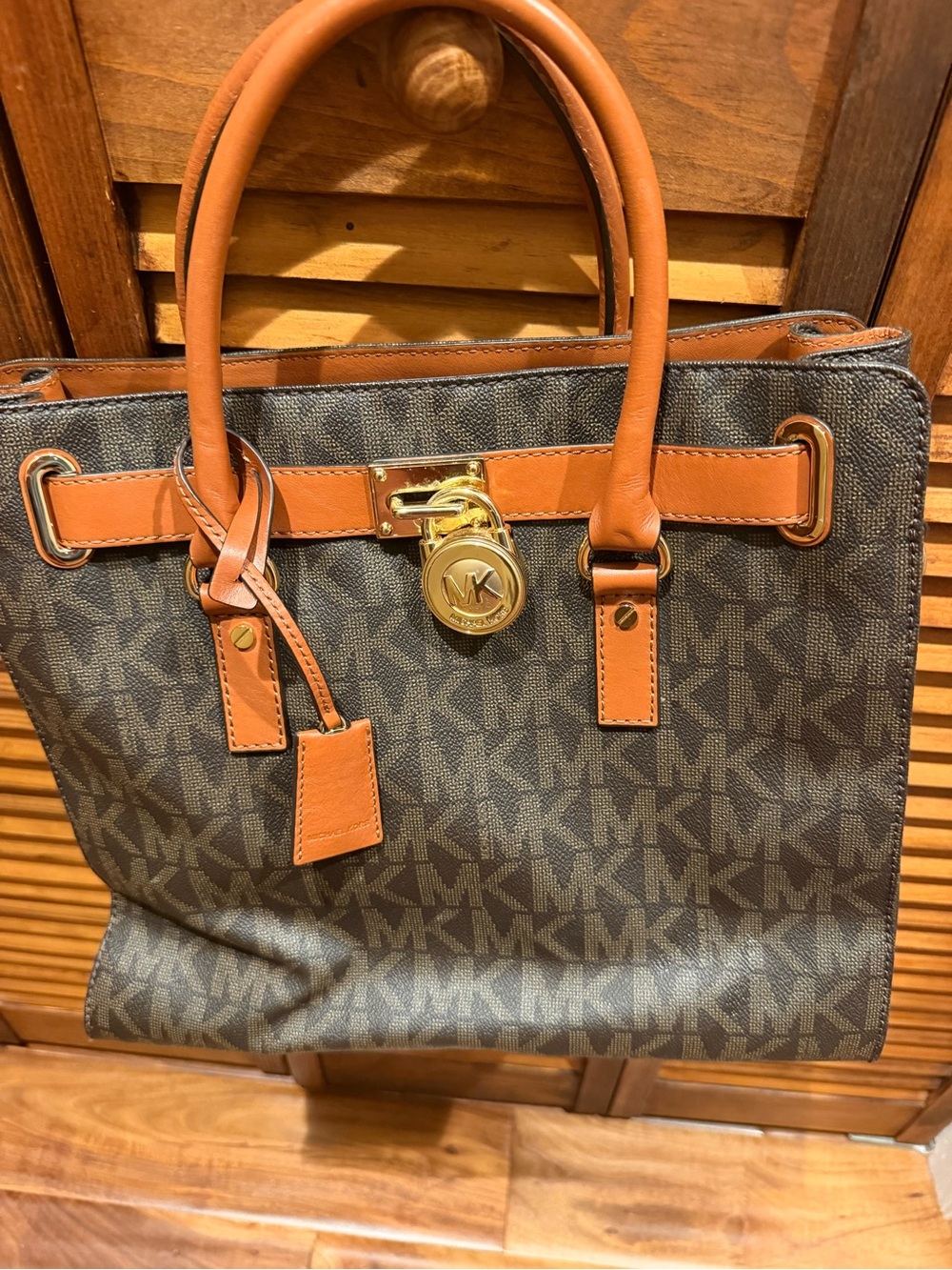 Michael Kors Brown MK Monogram Tote with Tan Trim and Gold Hardware